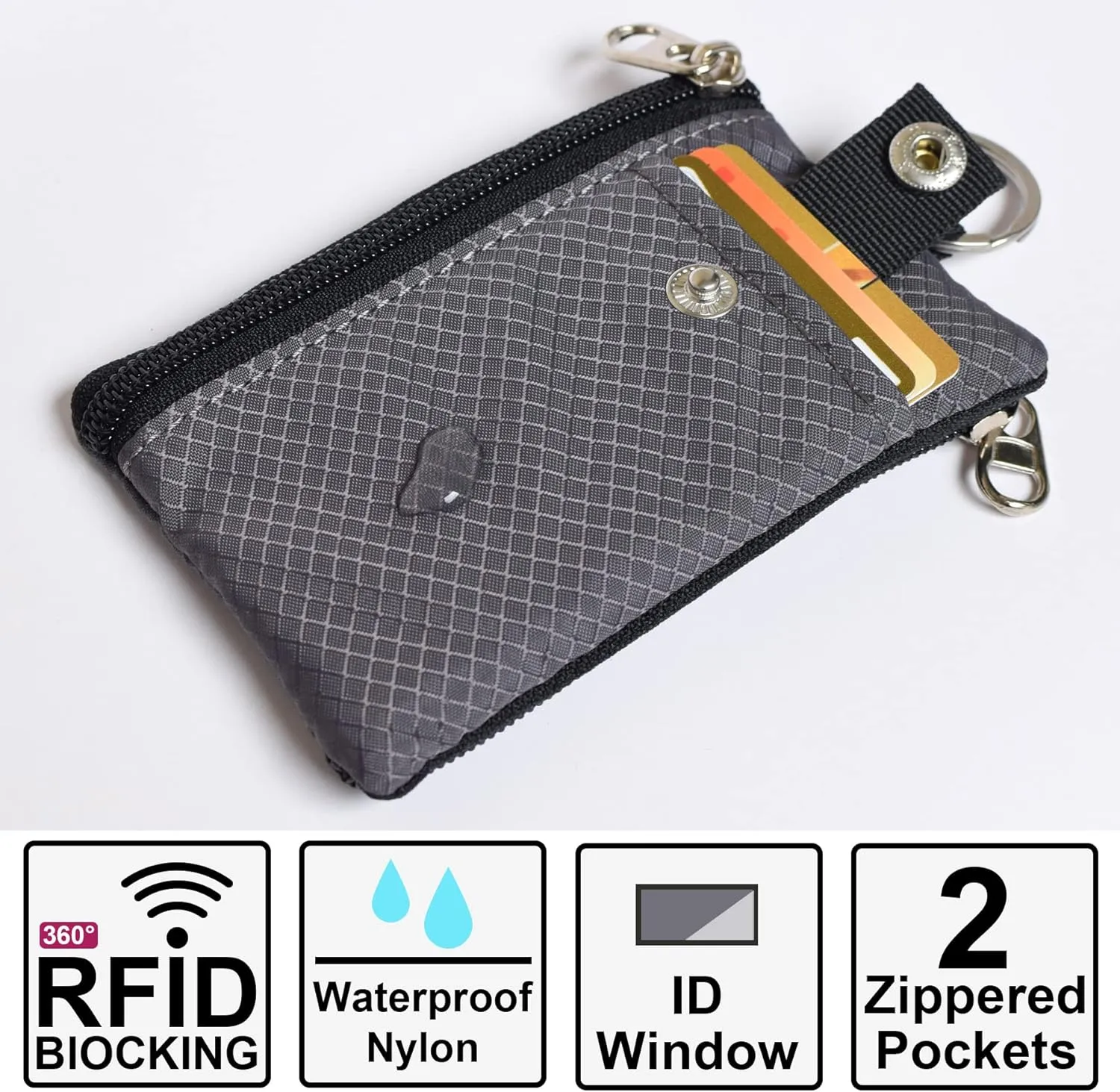 Minimalist RFID Blocking Small Wallet with ID Window,WaterResistant Zip Id Case Wallet with Lanyard Keychain for Cards,Cash,Travel,Women,Men (GreenOnion DarkGreen)