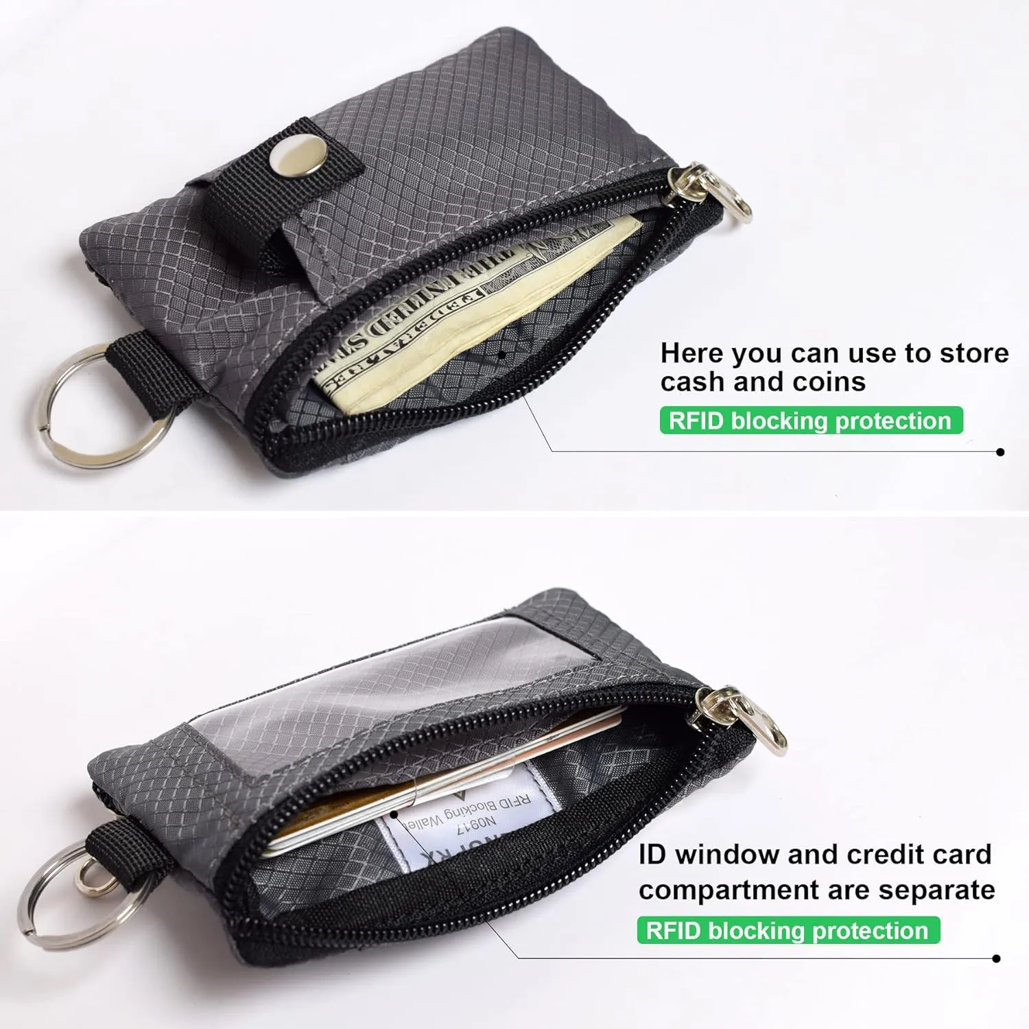 Minimalist RFID Blocking Small Wallet with ID Window,WaterResistant Zip Id Case Wallet with Lanyard Keychain for Cards,Cash,Travel,Women,Men (GreenOnion DarkGreen)