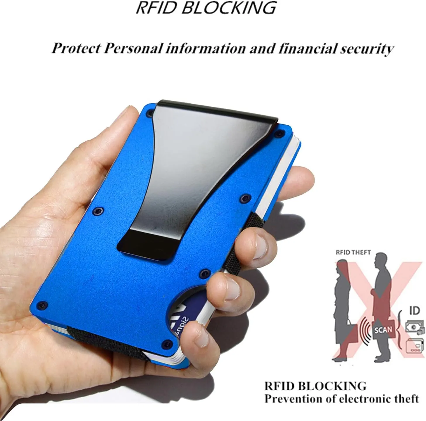 Minimalist Wallet for Men, Slim Aluminum Metal Pocket Wallet with Money Clip, Blocks RFID Scanners ID Card Holder(Navy Blue)