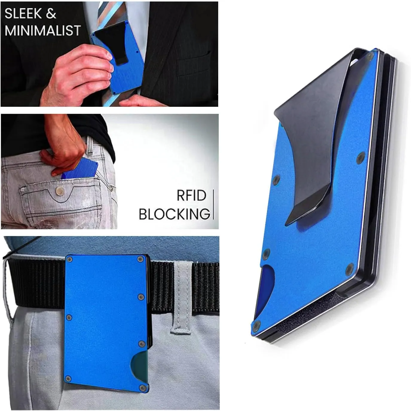 Minimalist Wallet for Men, Slim Aluminum Metal Pocket Wallet with Money Clip, Blocks RFID Scanners ID Card Holder(Navy Blue)