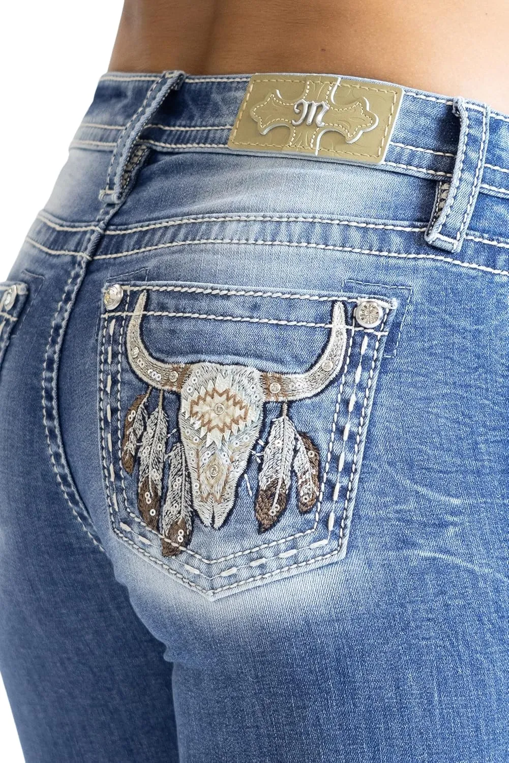 Miss Me Women's Aztec Feathered Cow Mid-Rise Bootcut Jeans