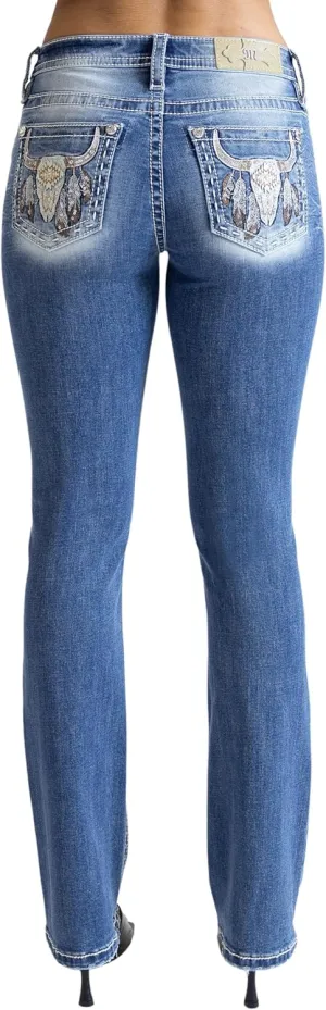 Miss Me Women's Aztec Feathered Cow Mid-Rise Bootcut Jeans