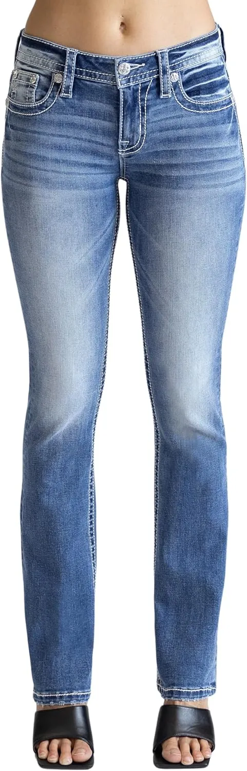 Miss Me Women's Aztec Feathered Cow Mid-Rise Bootcut Jeans