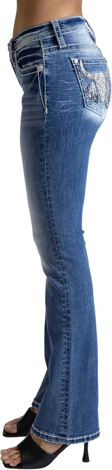 Miss Me Women's Aztec Feathered Cow Mid-Rise Bootcut Jeans