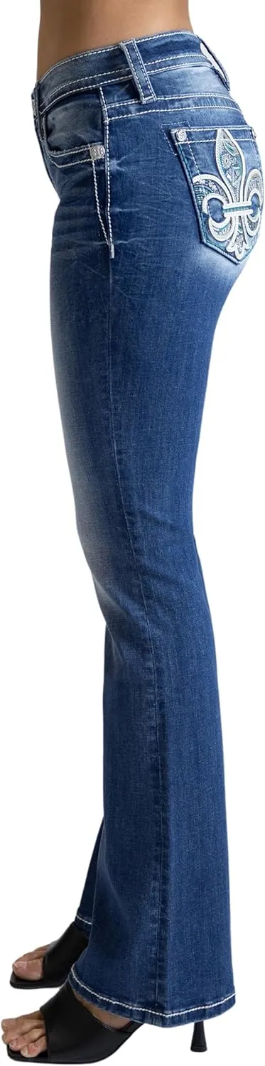 Miss Me Women's Paisley Print Fleur De Lis Mid-Rise Bootcut Jeans
