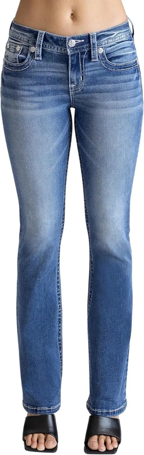 Miss Me Women's V Floral Faux Flap Pockets Mid-Rise Bootcut Jeans