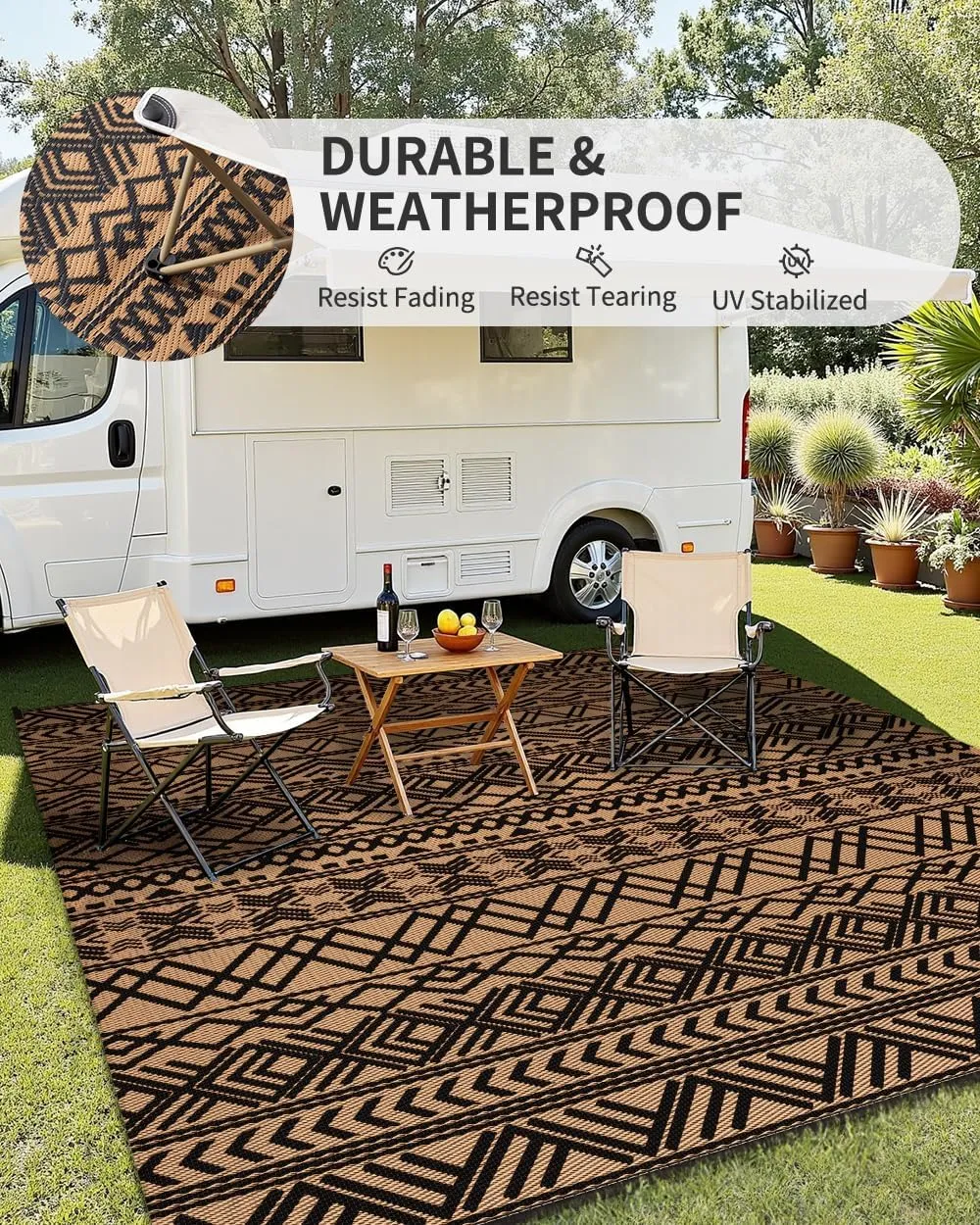 MontVoo Outdoor Rug Carpet Waterproof 9x12 Outdoor Patio Rug Mat Reverisble Plastic Straw Outdoor Rug for RV Camping Picnic Beach Balcony Boho Black Brown Large