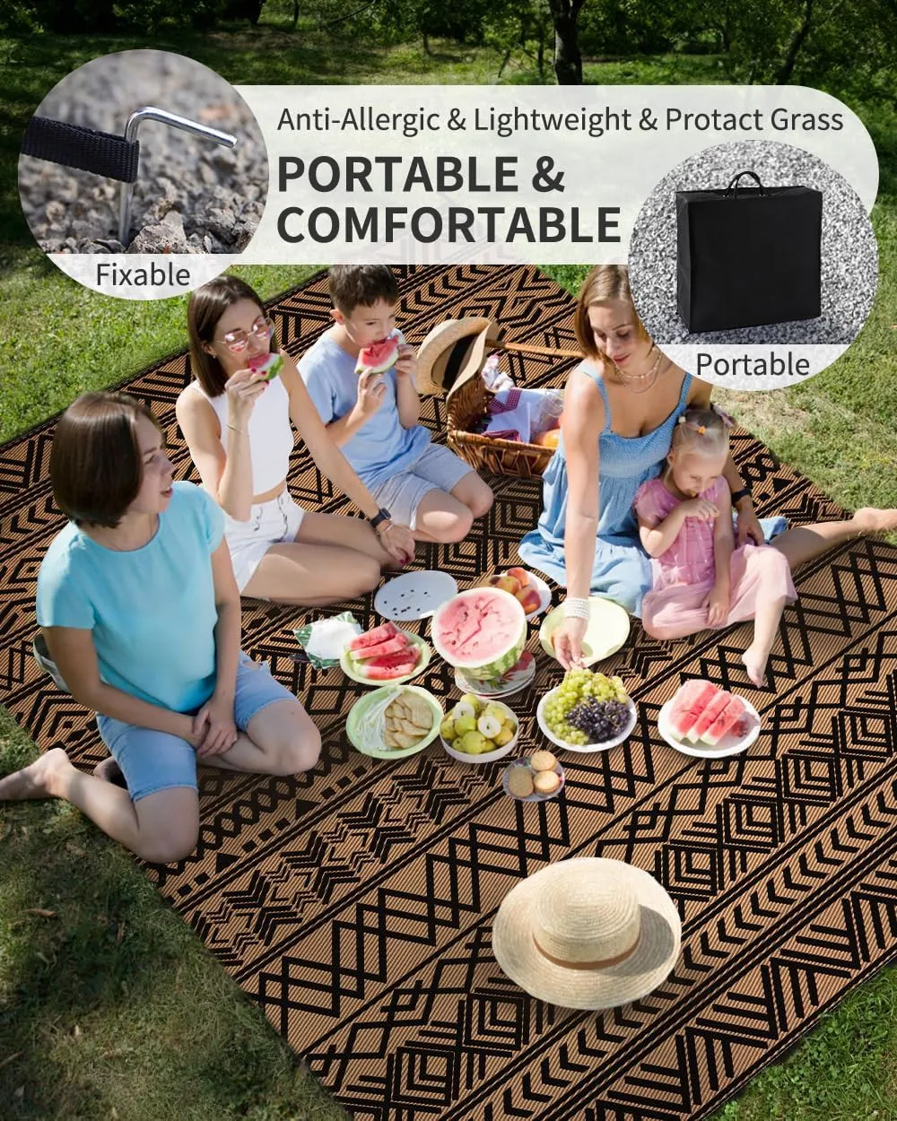 MontVoo Outdoor Rug Carpet Waterproof 9x12 Outdoor Patio Rug Mat Reverisble Plastic Straw Outdoor Rug for RV Camping Picnic Beach Balcony Boho Black Brown Large