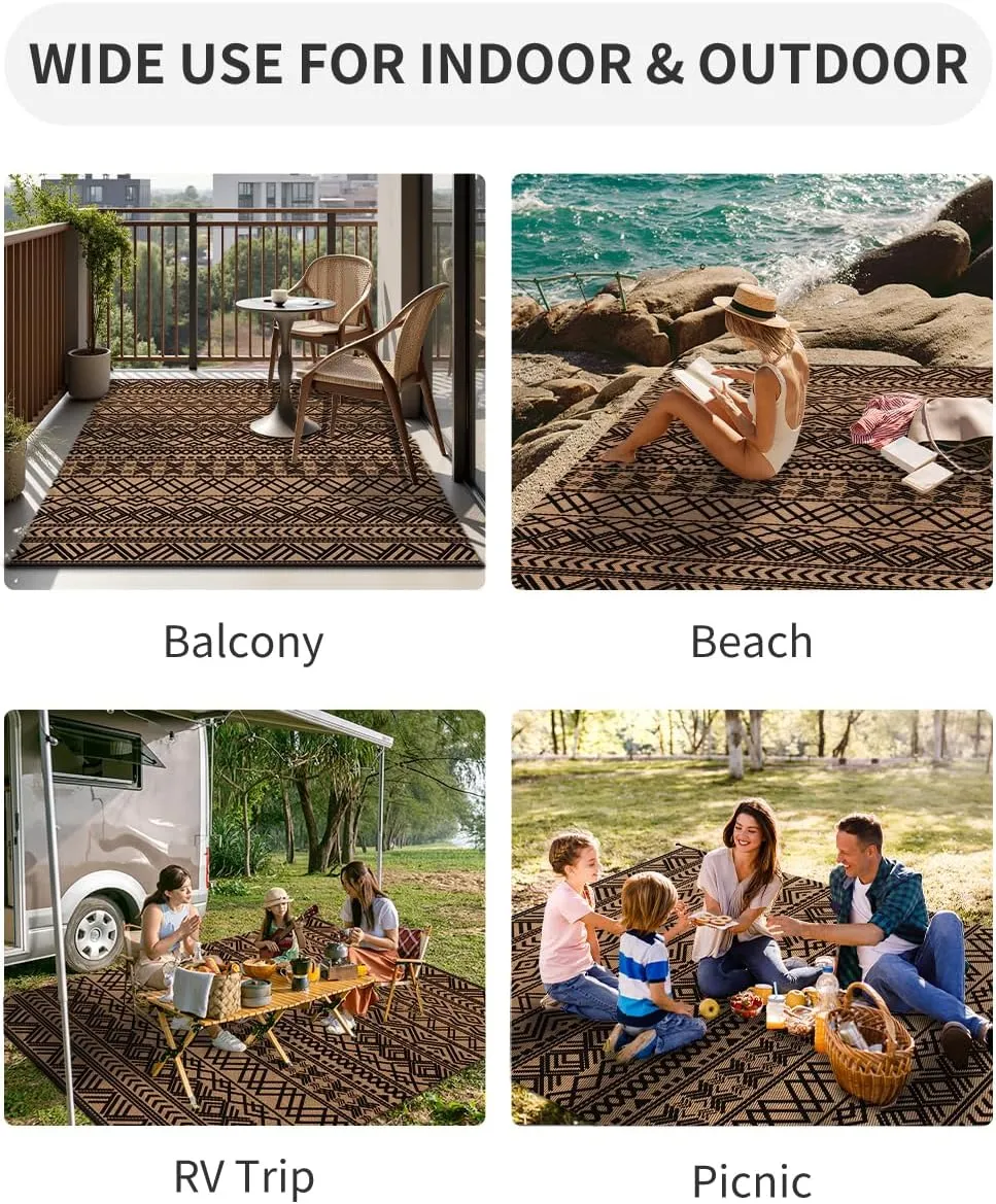 MontVoo Outdoor Rug Carpet Waterproof 9x12 Outdoor Patio Rug Mat Reverisble Plastic Straw Outdoor Rug for RV Camping Picnic Beach Balcony Boho Black Brown Large