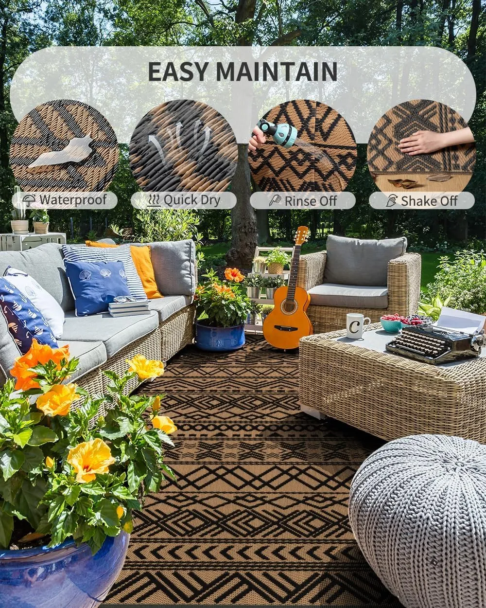 MontVoo Outdoor Rug Carpet Waterproof 9x12 Outdoor Patio Rug Mat Reverisble Plastic Straw Outdoor Rug for RV Camping Picnic Beach Balcony Boho Black Brown Large