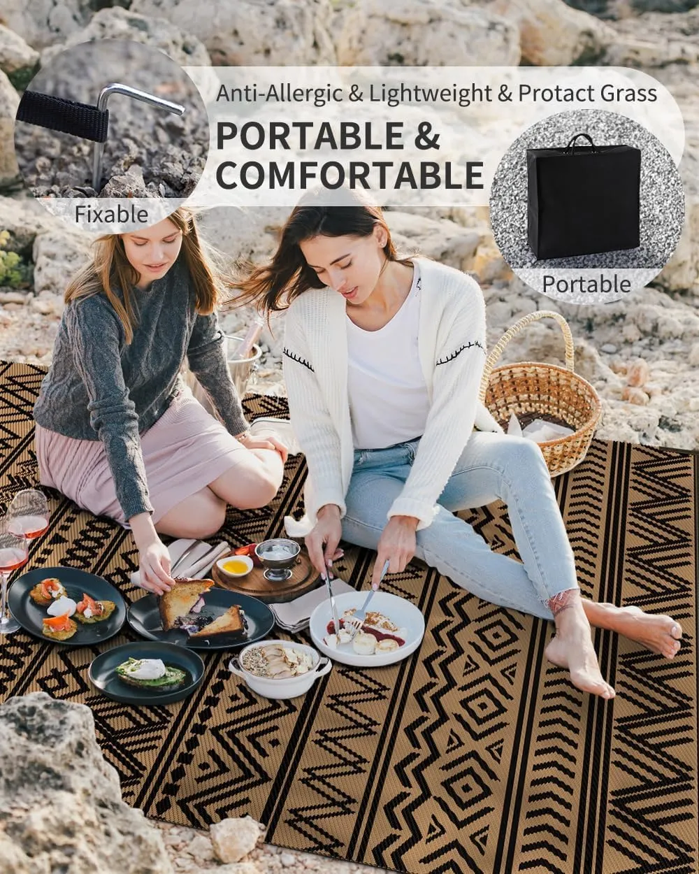 MontVoo Outdoor Rug Carpet Waterproof 9x12 Outdoor Patio Rug Mat Reverisble Plastic Straw Outdoor Rug for RV Camping Picnic Beach Balcony Boho Black Brown Large