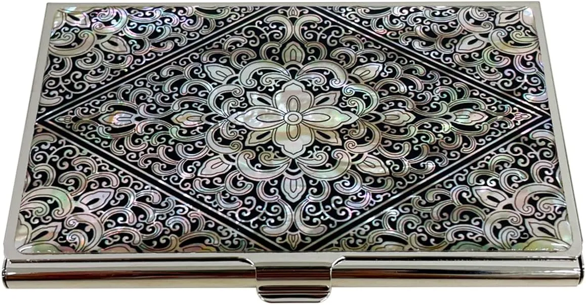 Mother of Pearl Business Card Case Credit Id Name Holder Travel Wallet Art Painting Design Metal Stainless Steel Engraved Slim Purse Pocket Cash Money Wallet (Diamond Arabesque)