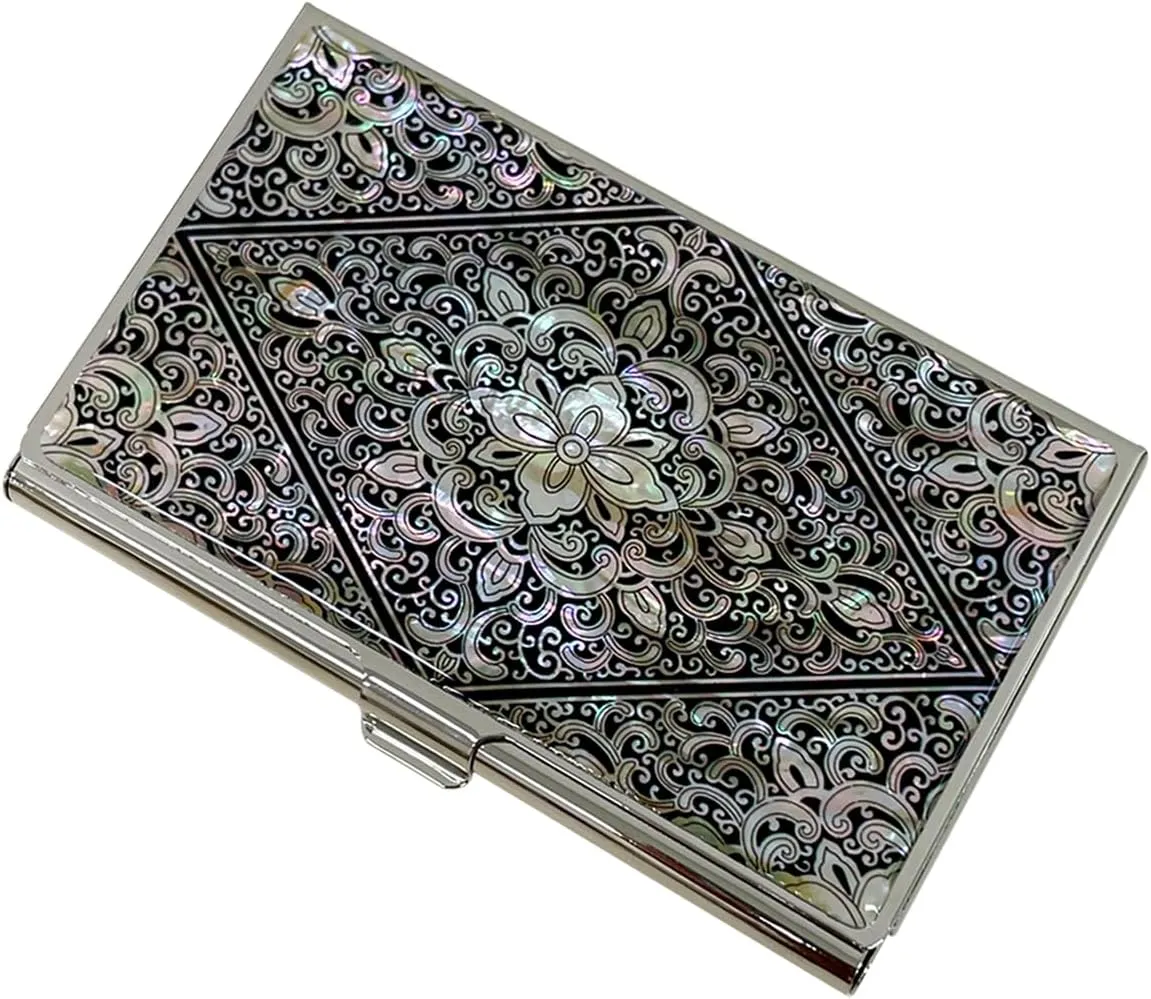 Mother of Pearl Business Card Case Credit Id Name Holder Travel Wallet Art Painting Design Metal Stainless Steel Engraved Slim Purse Pocket Cash Money Wallet (Diamond Arabesque)