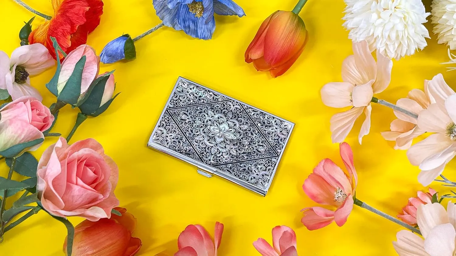 Mother of Pearl Business Card Case Credit Id Name Holder Travel Wallet Art Painting Design Metal Stainless Steel Engraved Slim Purse Pocket Cash Money Wallet (Diamond Arabesque)