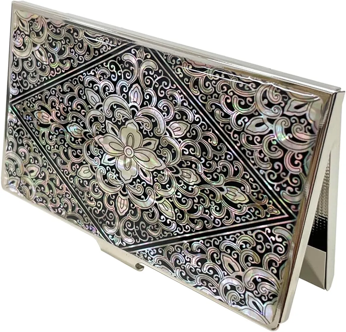 Mother of Pearl Business Card Case Credit Id Name Holder Travel Wallet Art Painting Design Metal Stainless Steel Engraved Slim Purse Pocket Cash Money Wallet (Diamond Arabesque)