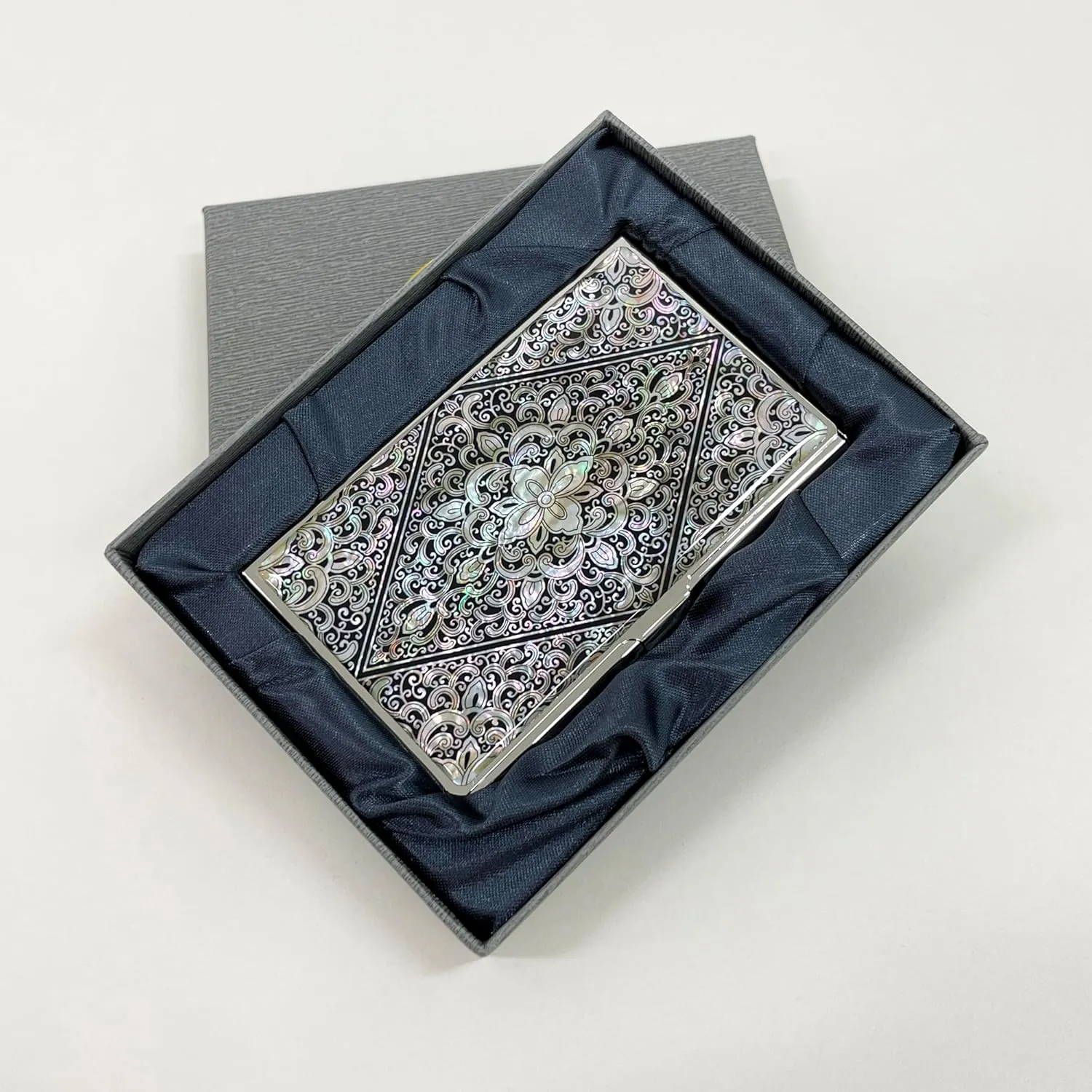 Mother of Pearl Business Card Case Credit Id Name Holder Travel Wallet Art Painting Design Metal Stainless Steel Engraved Slim Purse Pocket Cash Money Wallet (Diamond Arabesque)