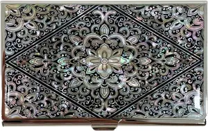 Mother of Pearl Business Card Case Credit Id Name Holder Travel Wallet Art Painting Design Metal Stainless Steel Engraved Slim Purse Pocket Cash Money Wallet (Diamond Arabesque)