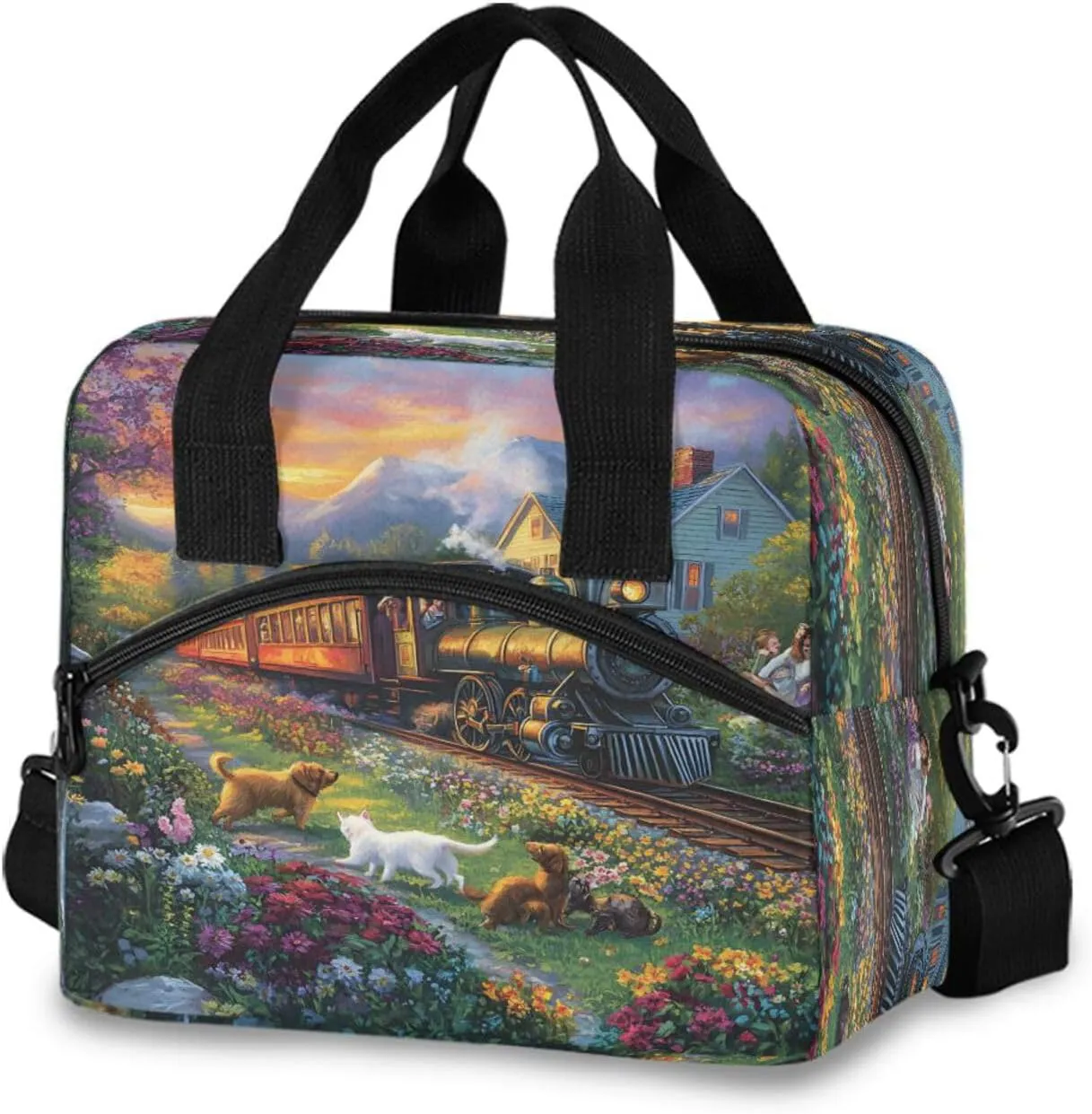 Moving Train Dog Flower Lunch Box for Men Women Adults Insulated Lunch Bag Cooler Bag with Adjustable Shoulder Strap for Work Picnic Travel