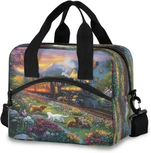 Moving Train Dog Flower Lunch Box for Men Women Adults Insulated Lunch Bag Cooler Bag with Adjustable Shoulder Strap for Work Picnic Travel