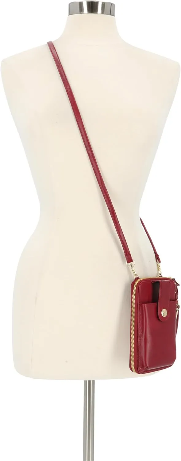 Mundi Jacqui RFID Blocking Crossbody Wallet Bag for Women, Compact Travel Size Cell Phone Holder Purse Vegan Leather, Red