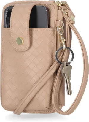 Mundi Jacqui RFID Crossbody Wallet for Women, Vegan Leather Small Travel Handbag with Phone Holder, Compact Organizer with Card Slots and Adjustable Strap, Vacation Purse in Taupe