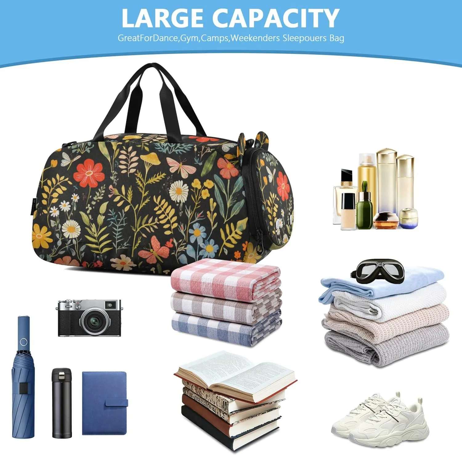 Mushroom Botanical Dragonflies Duffel Gym Bags with Shoes Compartment Large Capacity Carry On Bag for Travel, Sports, Duffel, Weekender