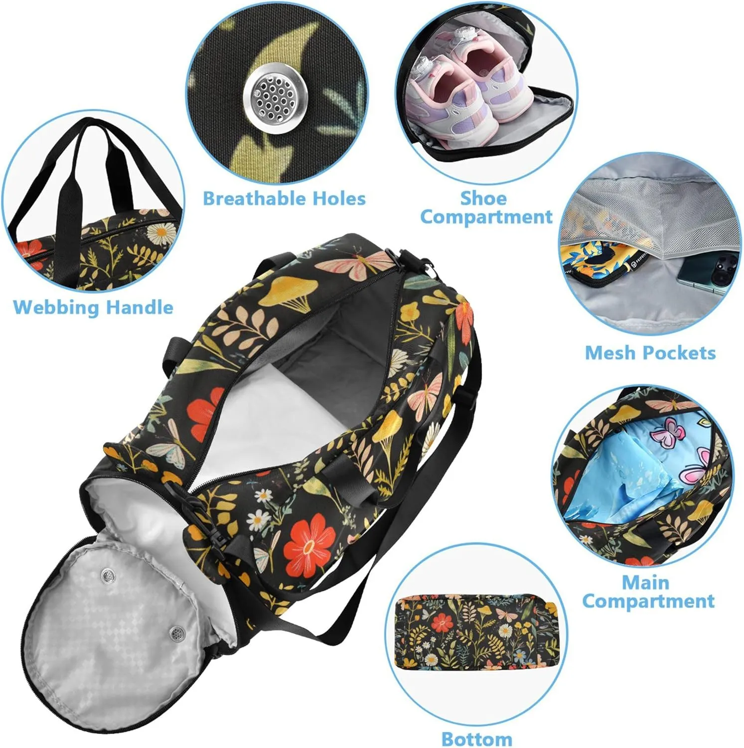 Mushroom Botanical Dragonflies Duffel Gym Bags with Shoes Compartment Large Capacity Carry On Bag for Travel, Sports, Duffel, Weekender