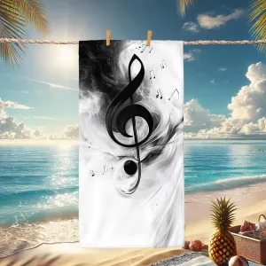 Musical Notes Artistic Microfiber Beach Towel Black White Abstract Treble Clef Design, Quick Dry Absorbent Sand Free Lightweight Towel, Relaxation Poolside Picnic Essentials 62x31 Inch