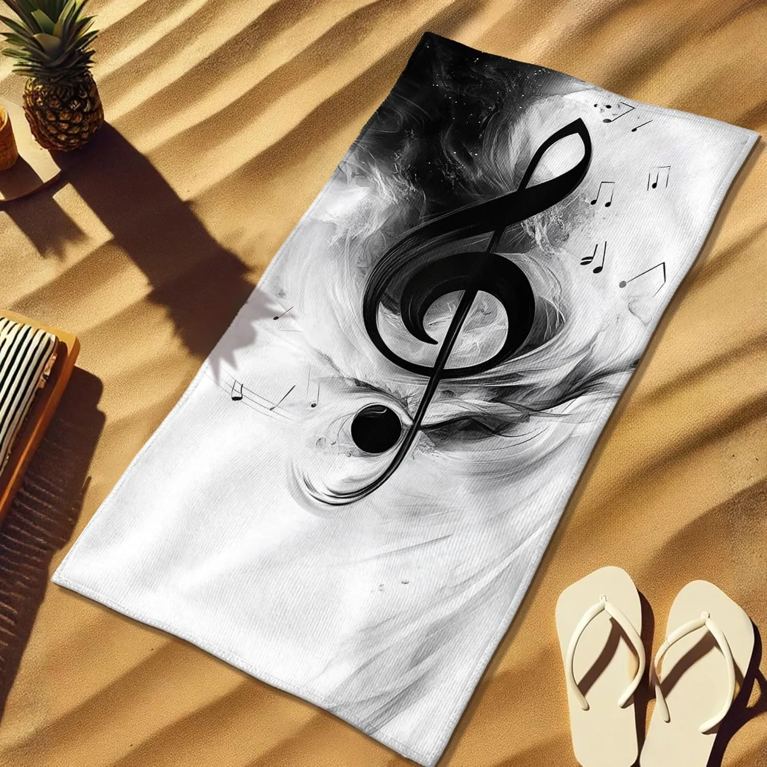 Musical Notes Artistic Microfiber Beach Towel Black White Abstract Treble Clef Design, Quick Dry Absorbent Sand Free Lightweight Towel, Relaxation Poolside Picnic Essentials 62x31 Inch
