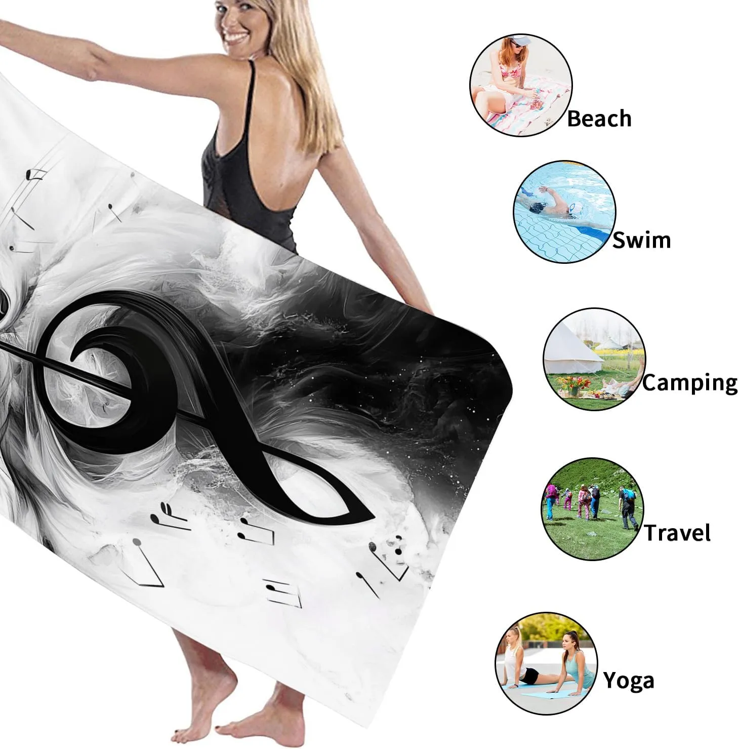 Musical Notes Artistic Microfiber Beach Towel Black White Abstract Treble Clef Design, Quick Dry Absorbent Sand Free Lightweight Towel, Relaxation Poolside Picnic Essentials 62x31 Inch