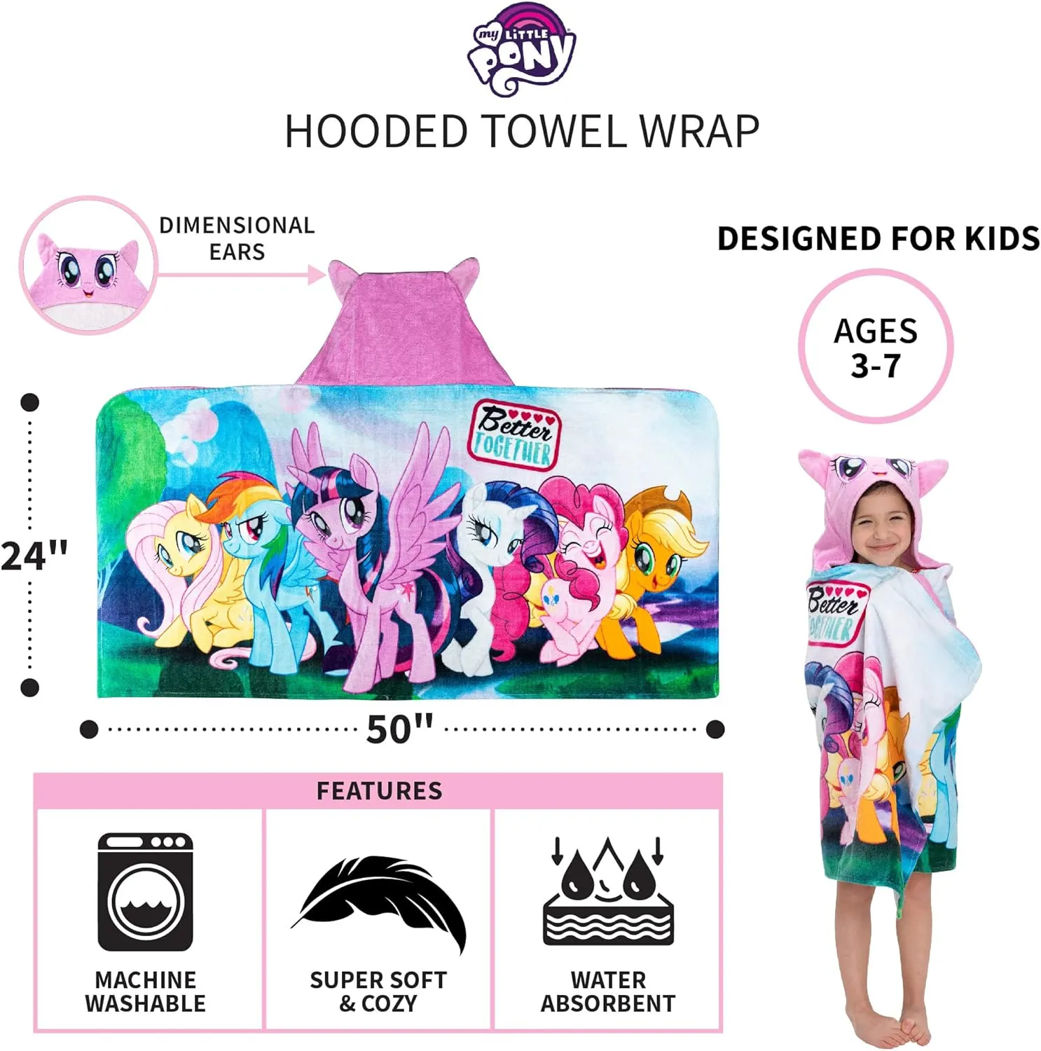 My Little Pony Bath/Pool/Beach Soft Cotton Terry Hooded Towel Wrap, 24 in x 50 in, By Franco Kids