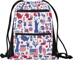 Nannle Large Drawstring Sackpack, American Patriotic Usa Flag Pattern Pockets String Storage Bag for Adult Travel Beach Gym Swimming Camping