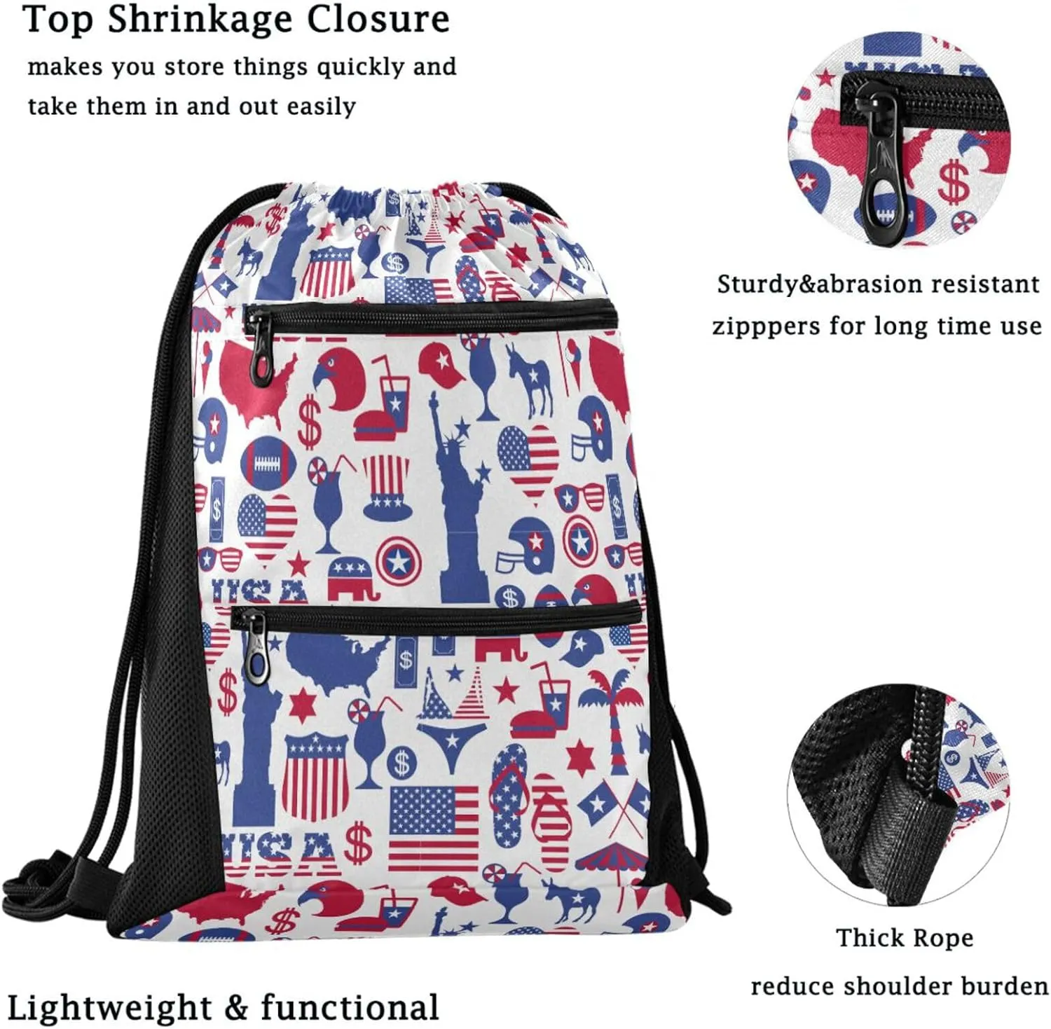 Nannle Large Drawstring Sackpack, American Patriotic Usa Flag Pattern Pockets String Storage Bag for Adult Travel Beach Gym Swimming Camping