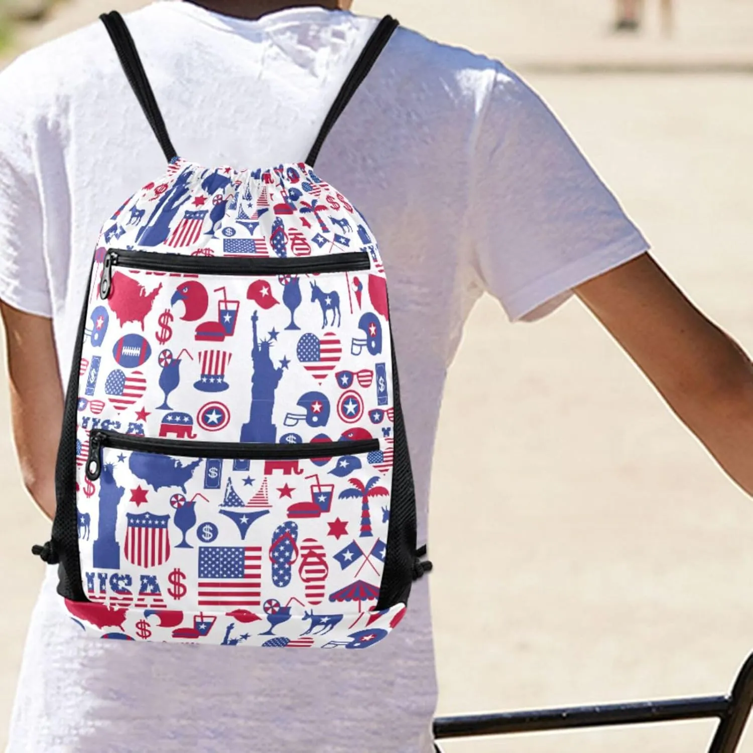 Nannle Large Drawstring Sackpack, American Patriotic Usa Flag Pattern Pockets String Storage Bag for Adult Travel Beach Gym Swimming Camping