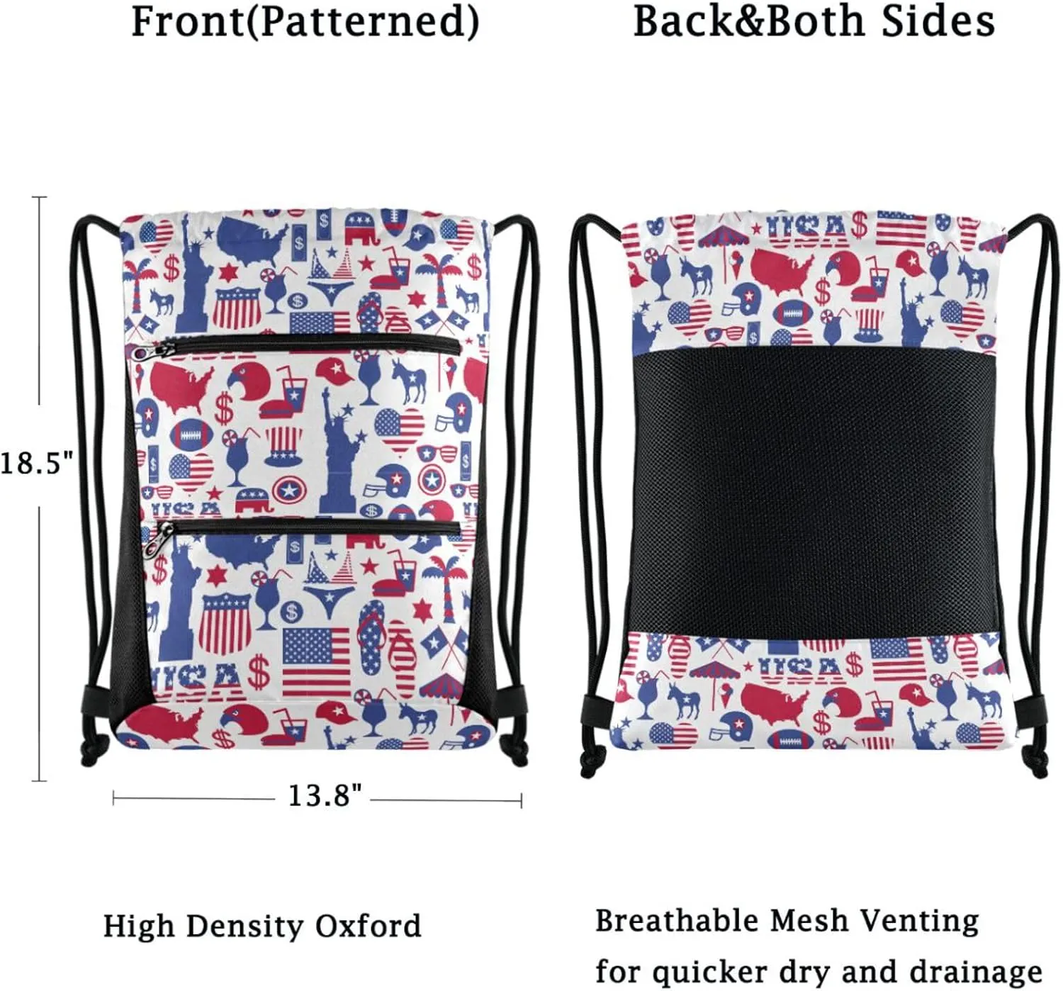 Nannle Large Drawstring Sackpack, American Patriotic Usa Flag Pattern Pockets String Storage Bag for Adult Travel Beach Gym Swimming Camping