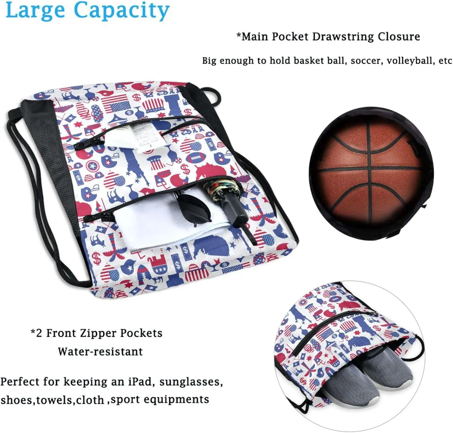 Nannle Large Drawstring Sackpack, American Patriotic Usa Flag Pattern Pockets String Storage Bag for Adult Travel Beach Gym Swimming Camping