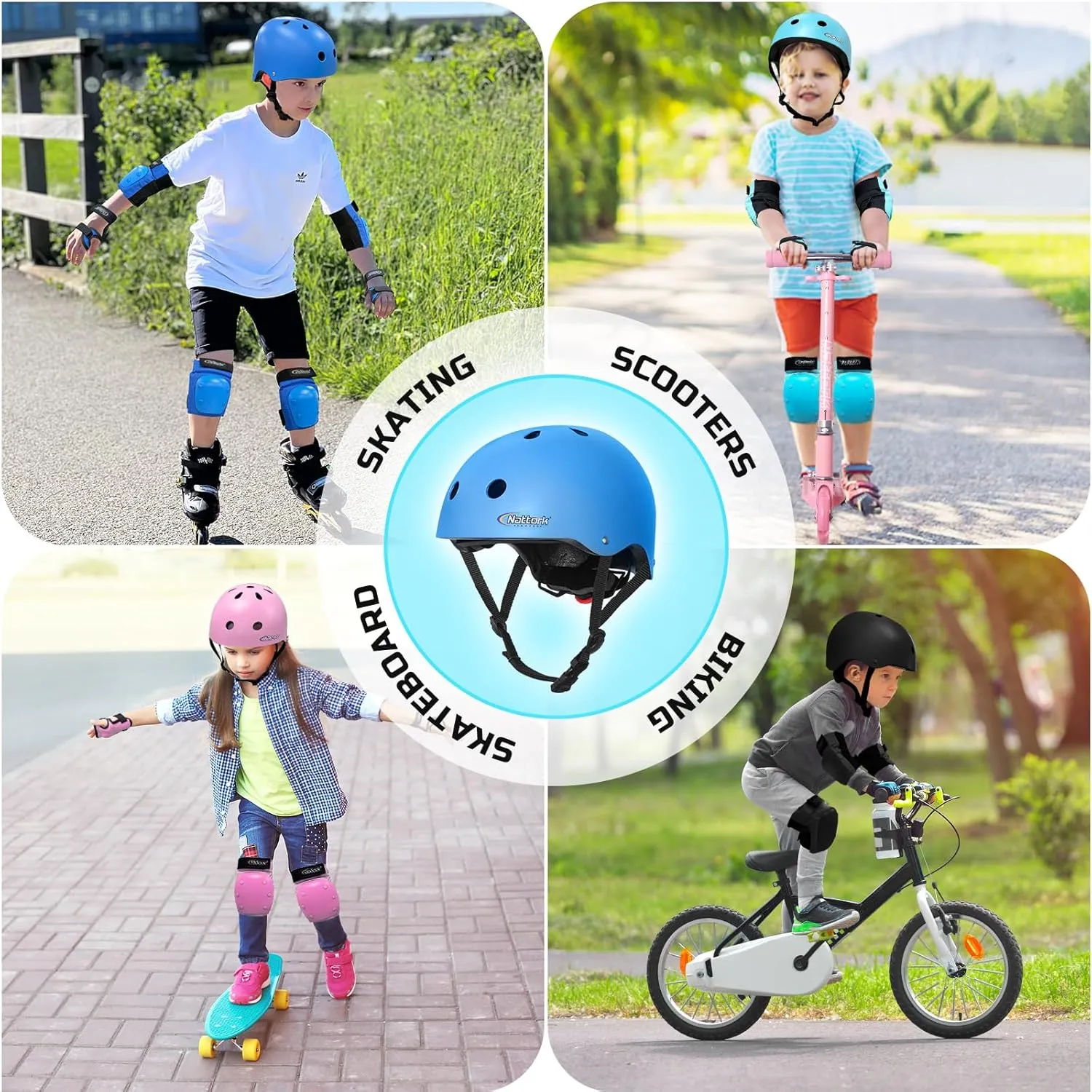 Nattork Kids Helmet Protective Gear, Removable Liner for Multi-Sports Skateboard, Skates, Bike, Scooter Age 3-15 Kids Youth Adults