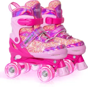 Nattork Kids Roller Skates for Girls Boys Kids, 4 Sizes Adjustable Fluorescent Quad Skates with Light up Wheels & Safety Protection - Cool Birthday Gift for Indoor Outdoor Sports