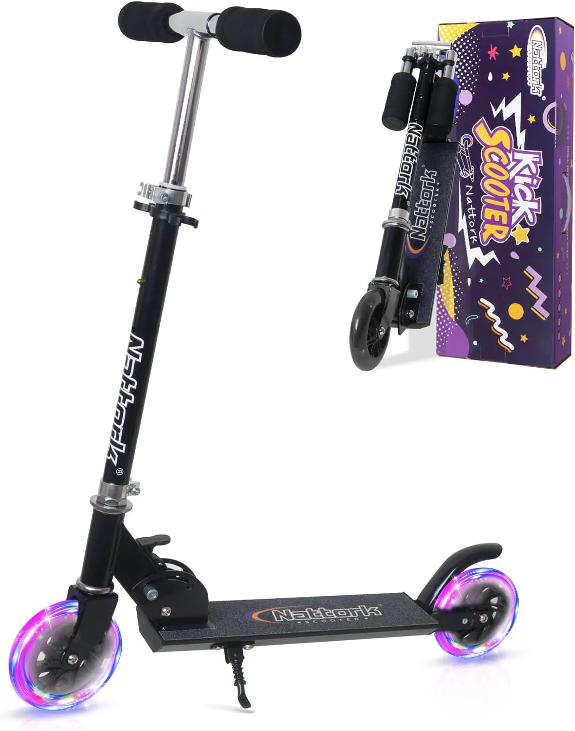 Nattork Scooter for Kids Ages 3-8 – Kick Kids Scooters for Boys & Girls Light up Wheels Portable Lightweight Folding Design with Reducing System and Adjustable Height Handlebars and up to 110 Lbs