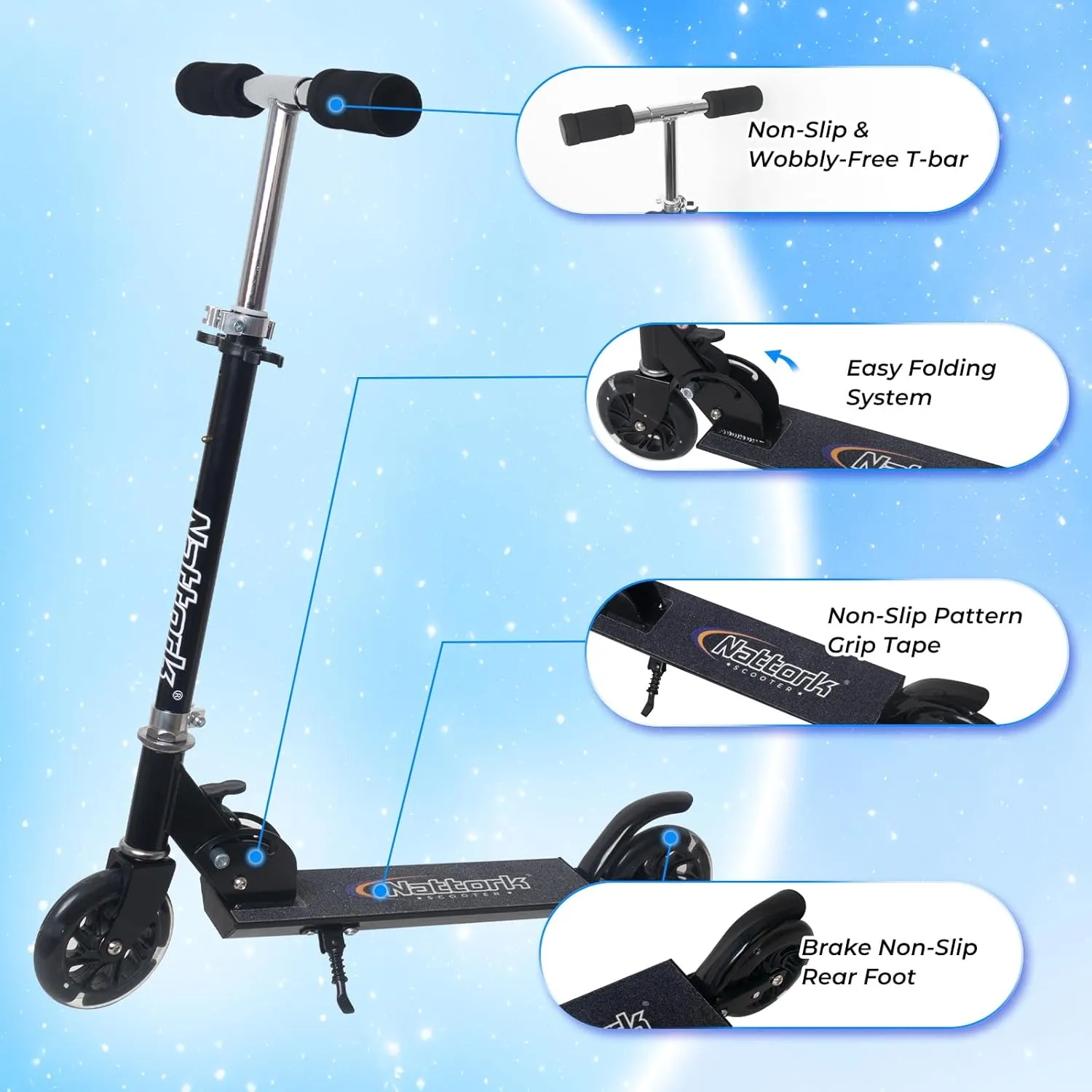 Nattork Scooter for Kids Ages 3-8 – Kick Kids Scooters for Boys & Girls Light up Wheels Portable Lightweight Folding Design with Reducing System and Adjustable Height Handlebars and up to 110 Lbs