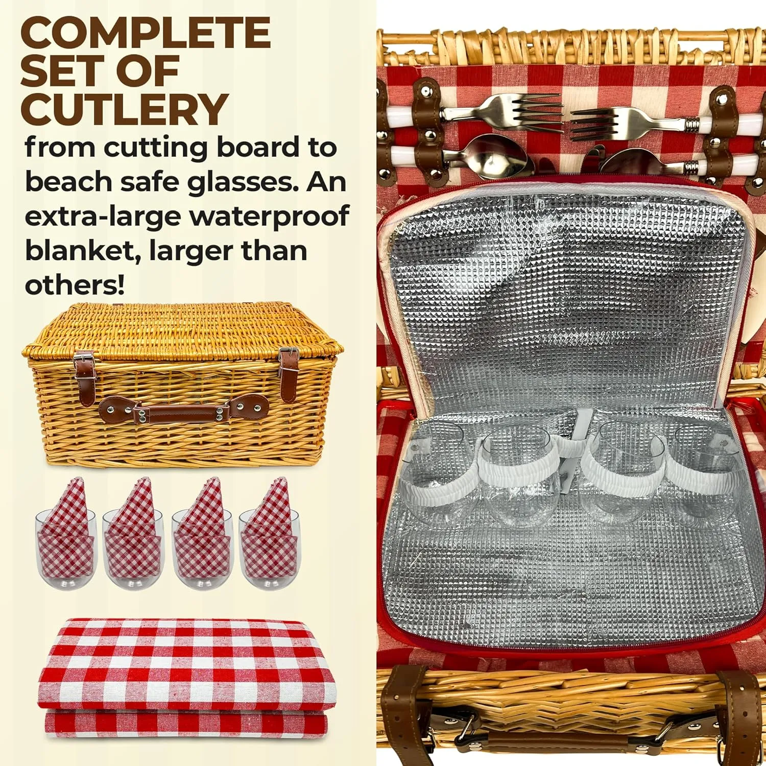 Nature Gear Picnic Basket, Wicker Basket with Handle for Outdoors, Insulated Woven Basket, Includes a Service Kit of Dinnerware & Wine Glasses, Picnic Basket Set for 4 with Blanket, Red & White