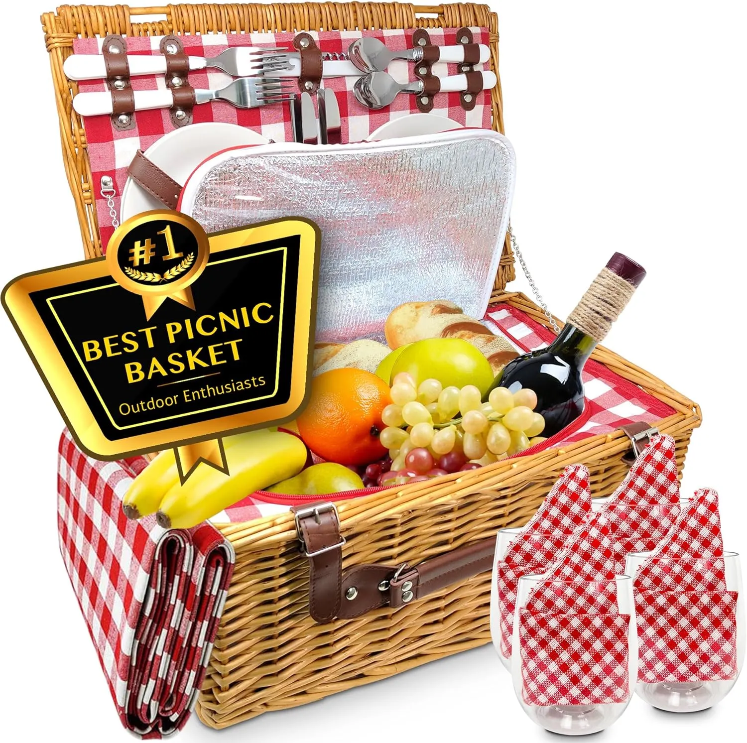 Nature Gear Picnic Basket, Wicker Basket with Handle for Outdoors, Insulated Woven Basket, Includes a Service Kit of Dinnerware & Wine Glasses, Picnic Basket Set for 4 with Blanket, Red & White