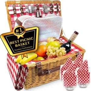 Nature Gear Picnic Basket, Wicker Basket with Handle for Outdoors, Insulated Woven Basket, Includes a Service Kit of Dinnerware & Wine Glasses, Picnic Basket Set for 4 with Blanket, Red & White