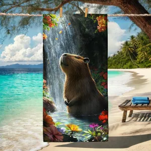 Nature Inspired Beach Towel Microfiber Extra Large Colorful Waterfall and Capybara Design, Quick Dry Absorbent Soft Sand Free Lightweight, Pool Picnic Outdoor Travel Essentials 70x35 Inch