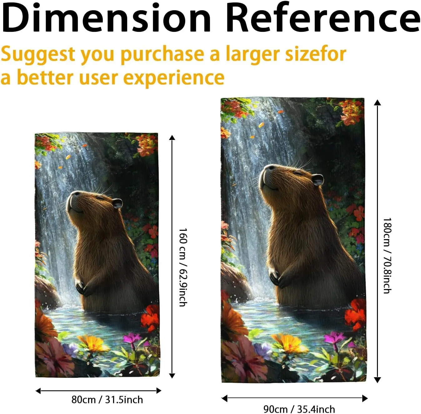 Nature Inspired Beach Towel Microfiber Extra Large Colorful Waterfall and Capybara Design, Quick Dry Absorbent Soft Sand Free Lightweight, Pool Picnic Outdoor Travel Essentials 70x35 Inch