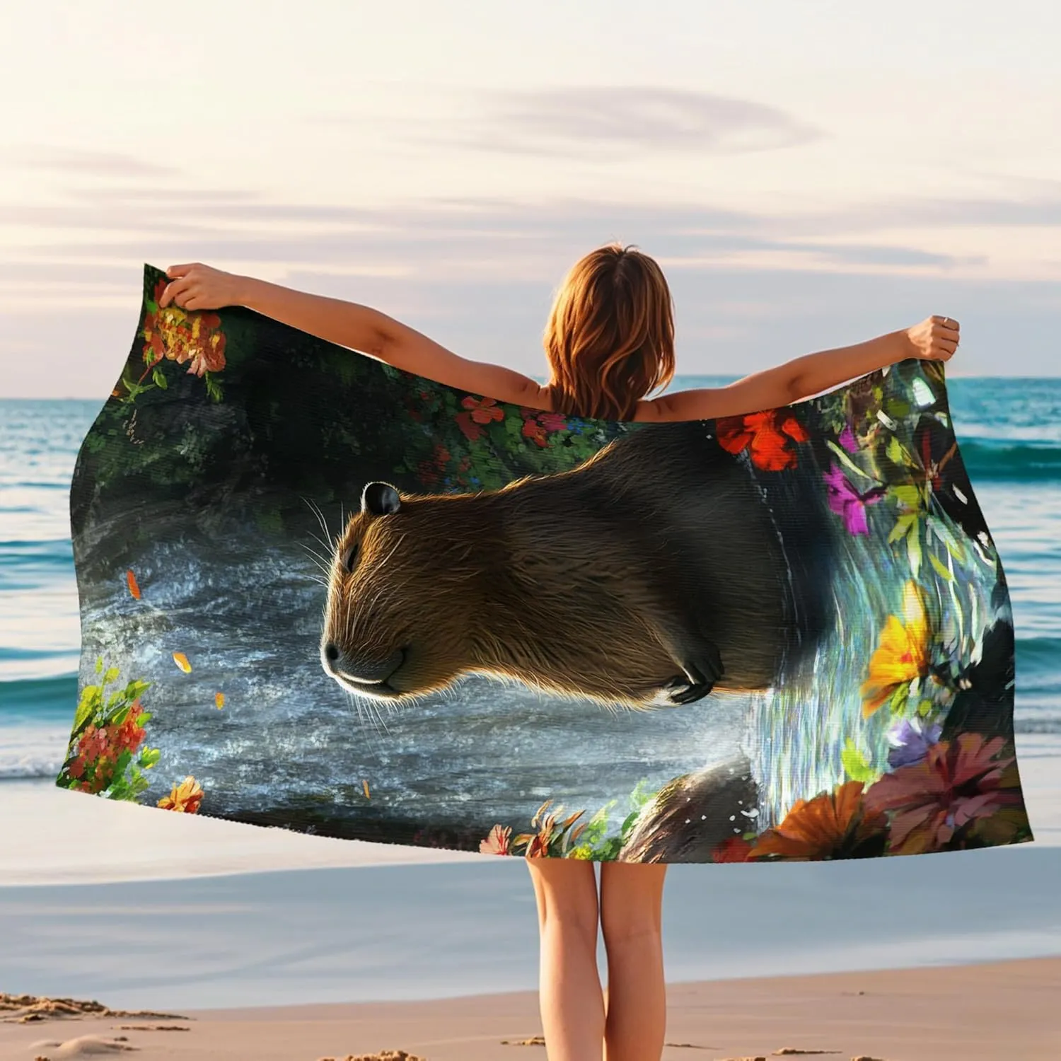 Nature Inspired Beach Towel Microfiber Extra Large Colorful Waterfall and Capybara Design, Quick Dry Absorbent Soft Sand Free Lightweight, Pool Picnic Outdoor Travel Essentials 70x35 Inch