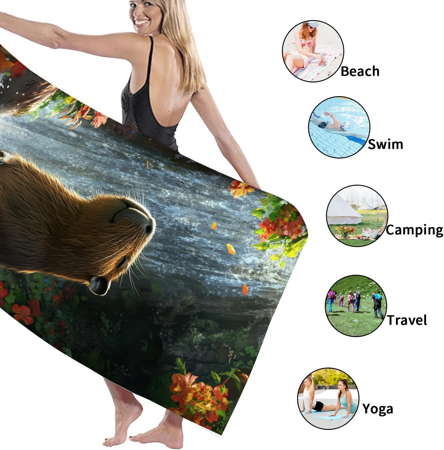 Nature Inspired Beach Towel Microfiber Extra Large Colorful Waterfall and Capybara Design, Quick Dry Absorbent Soft Sand Free Lightweight, Pool Picnic Outdoor Travel Essentials 70x35 Inch