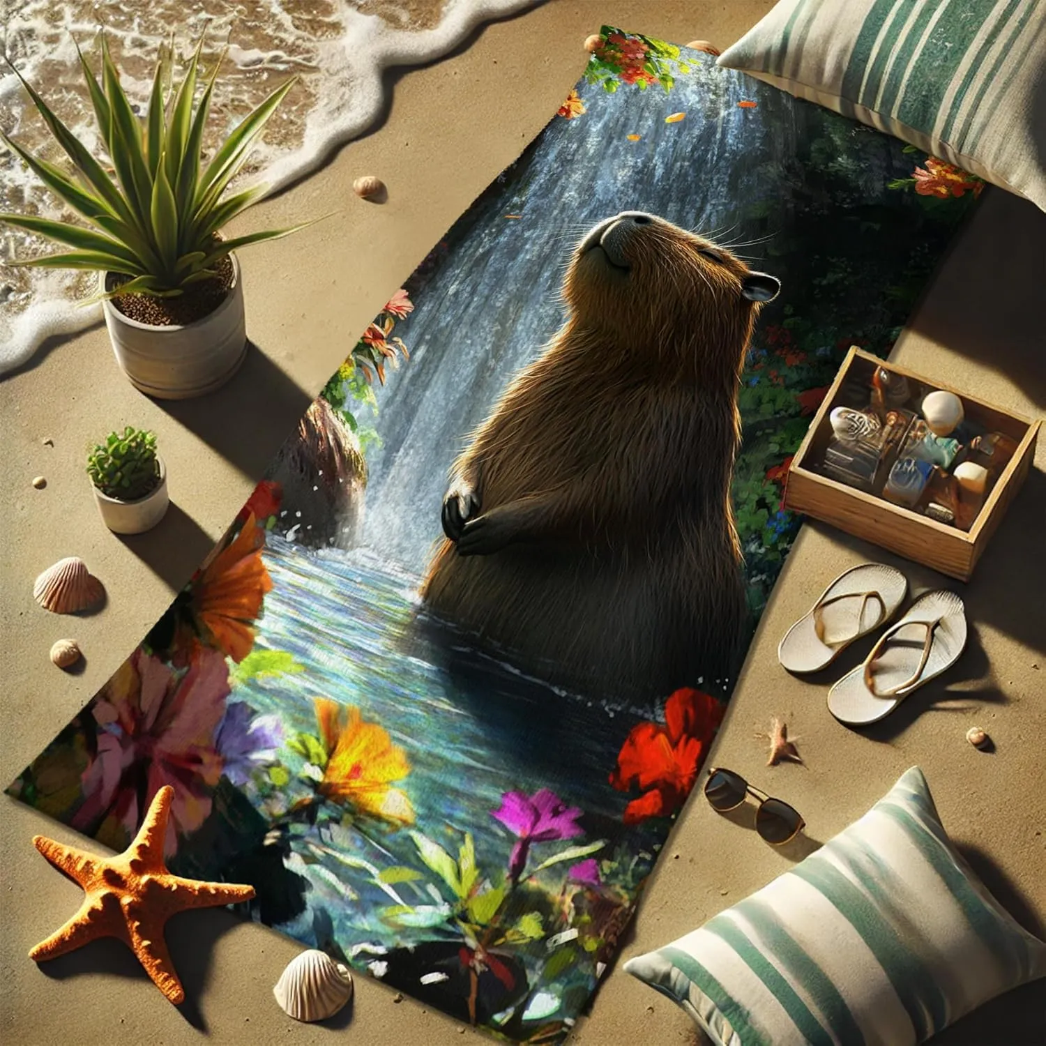 Nature Inspired Beach Towel Microfiber Extra Large Colorful Waterfall and Capybara Design, Quick Dry Absorbent Soft Sand Free Lightweight, Pool Picnic Outdoor Travel Essentials 70x35 Inch
