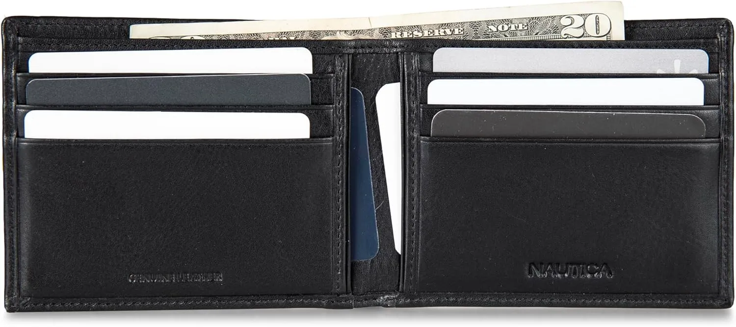 Nautica Men's Bifold Leather Wallet | RFID Blocking | ID Window | Card Slots | Organization | Durable | Stylish