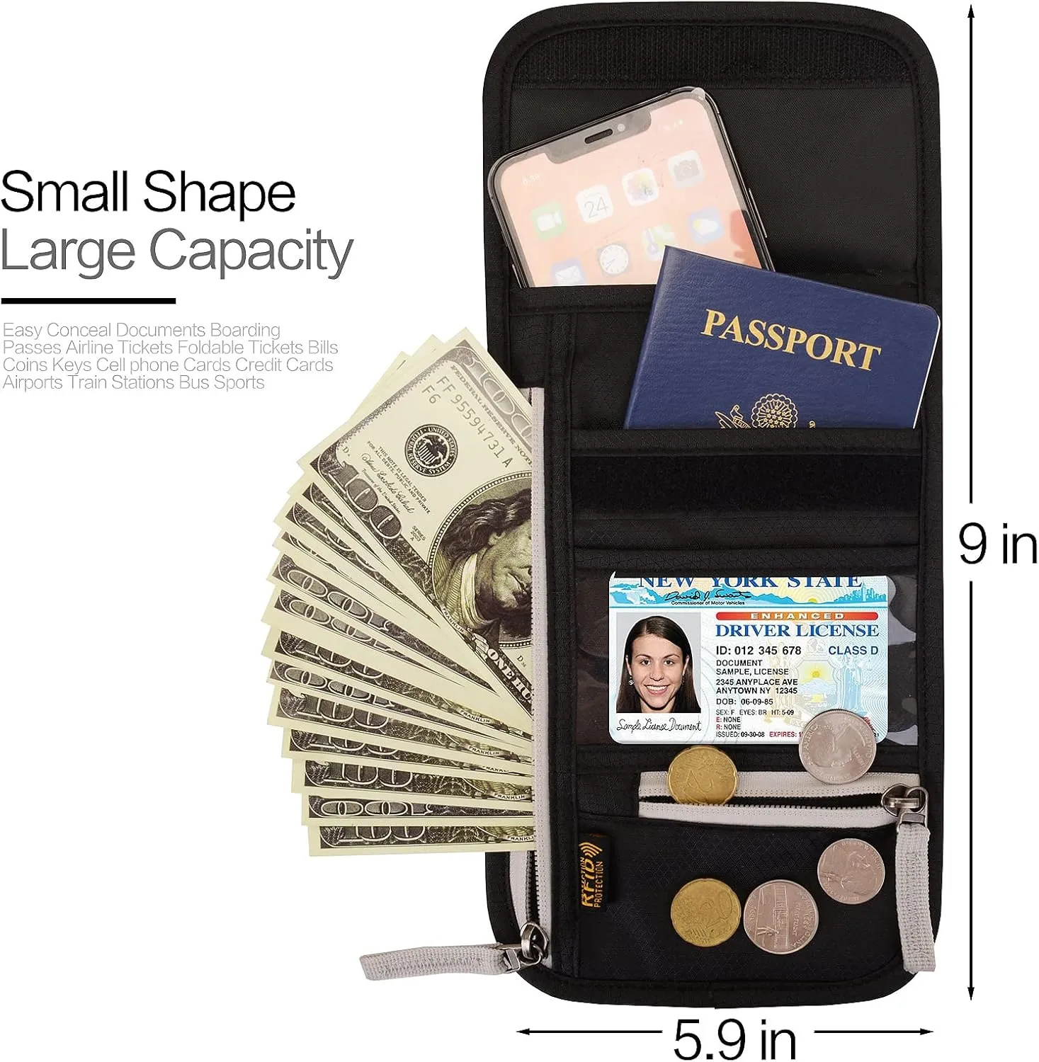 Neck Wallet Lightweight RFID Blocking Waterproof Travel Pouch for Women Men